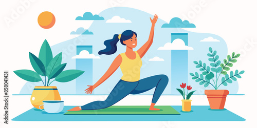 Serenity in Bloom: Woman Practicing Yoga in a Sunlit Room Filled with Flowers and Plants, International Yoga Day