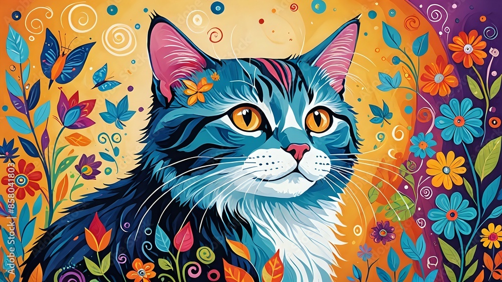A colorful, whimsical illustration of a blue and white cat with bright yellow eyes, surrounded by a vibrant array of flowers and leaves against a golden-yellow background. Swirls, butterflies, A colorful, whimsical illustration of a blue and white cat with bright yellow eyes, surrounded by a vibrant array of flowers and leaves against a golden-yellow background. Swirls, butterflies,