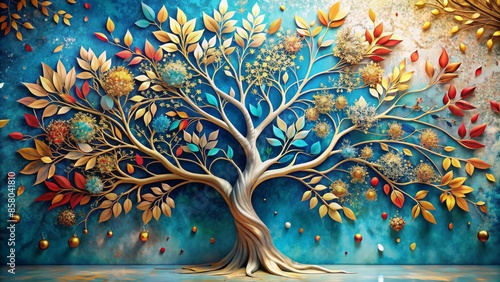 Vibrant floral tree with multicolored leaves on hanging branches set against a stunning blue, white, and golden abstract 3d illustration background for wall art decor. photo