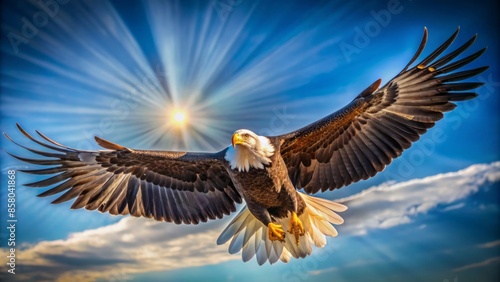 Majestic bald eagle spreads expansive wingspan, soaring through crisp blue sky, feathers glistening in sunlight, an apex predator in effortless, majestic flight. photo