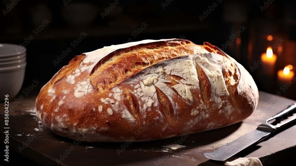 Freshly baked bread loaf on table with baguette, flour, and organic pastries, top view Freshly baked bread loaf on table with baguette, flour, and organic pastries, top view