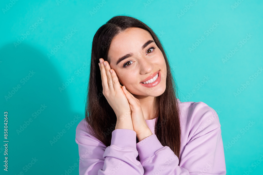 Photo portrait of lovely young lady dreamy sleepy hands together dressed stylish violet garment isolated on aquamarine color background Photo portrait of lovely young lady dreamy sleepy hands together dressed stylish violet garment isolated on aquamarine color background