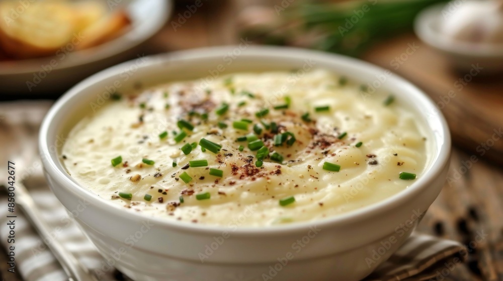 comfort food, delicious homemade comfort food creamy potato soup in a white bowl topped with chives and black pepper comfort food, delicious homemade comfort food creamy potato soup in a white bowl topped with chives and black pepper