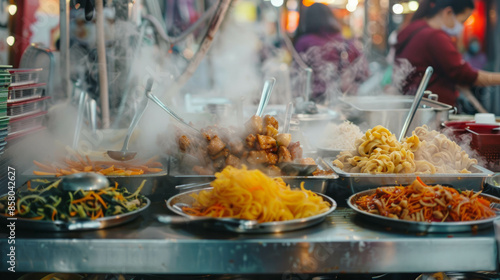 Local street food vendor preparing delicious meals for customers. AI generative. photo