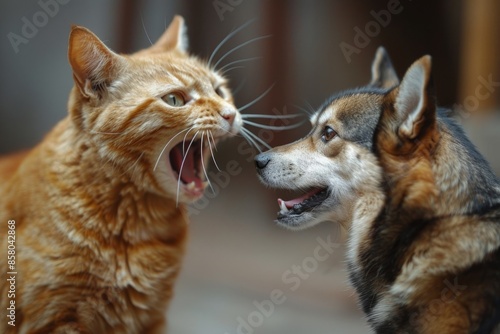 cat hissing at dog, confrontation between domestic animals © Michael