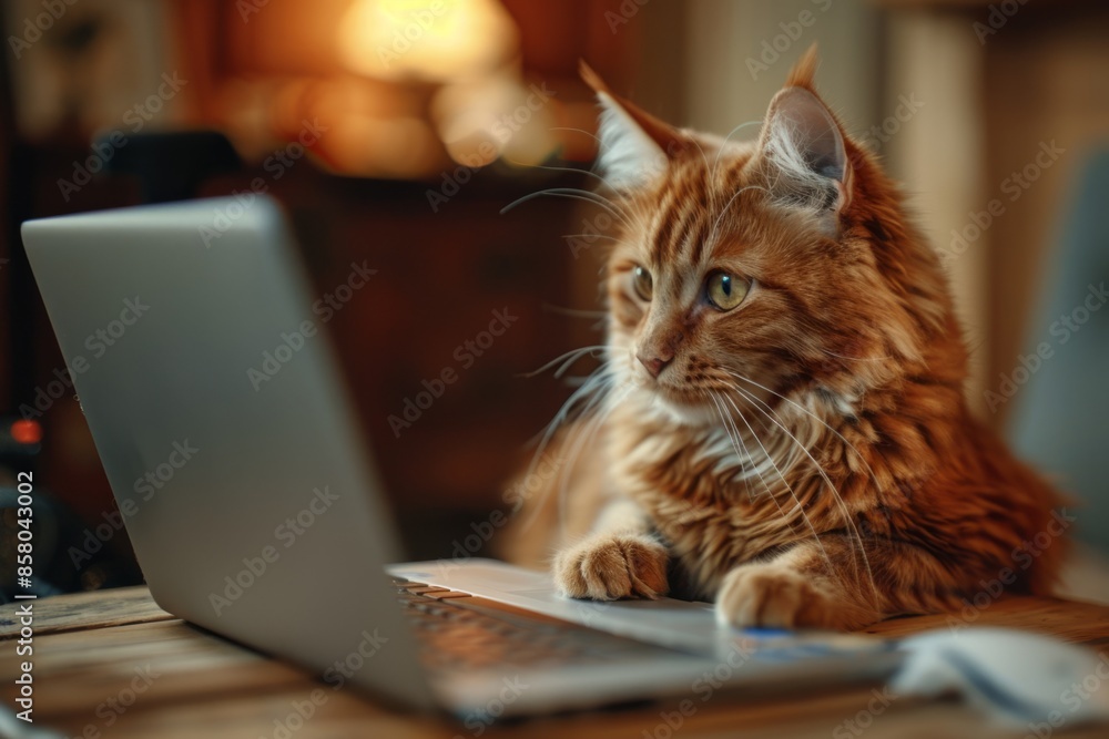 domestic cat working on laptop at home, remote work concept domestic cat working on laptop at home, remote work concept
