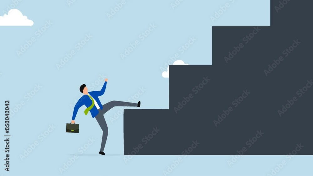 4k animation of businessman trying hard with full effort to climb up big step stairway. 4k animation of businessman trying hard with full effort to climb up big step stairway.