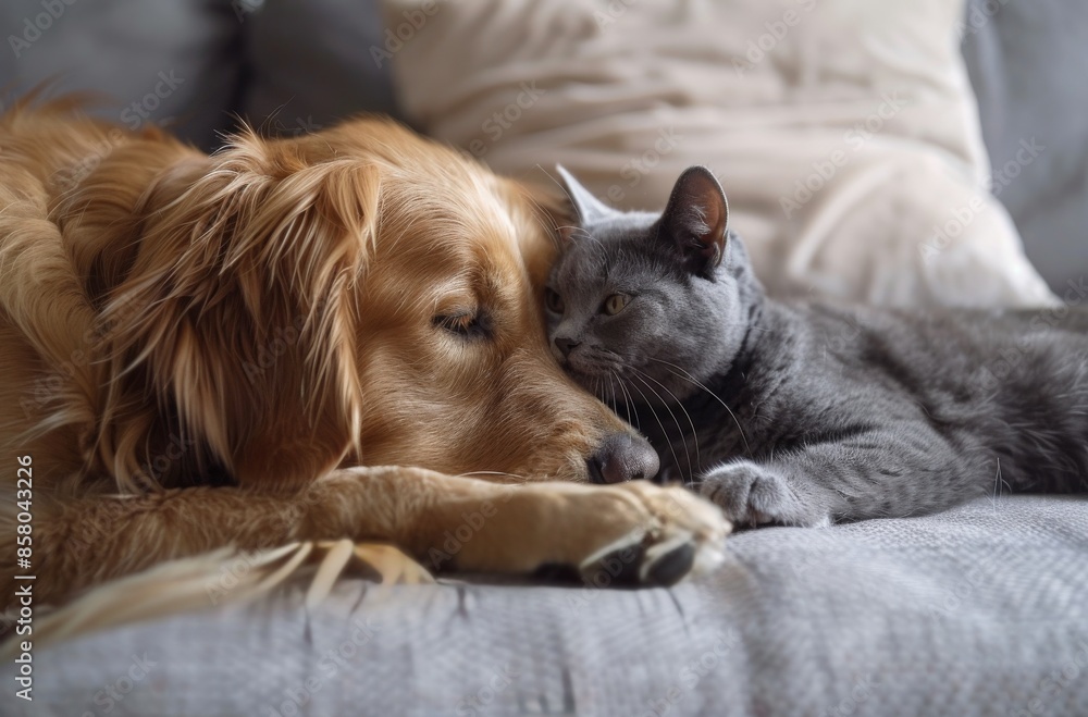 Obraz premium Golden Retriever and Cat High Five on Bed