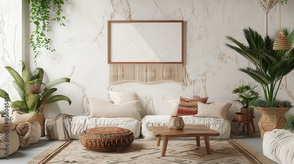 A modern bohemian living room featuring a white wall with a large empty picture frame, a white couch with pillows, a coffee table, and plants A modern bohemian living room featuring a white wall with a large empty picture frame, a white couch with pillows, a coffee table, and plants
