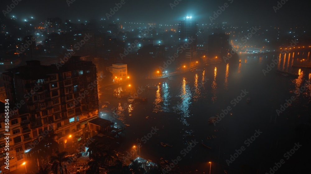 Nighttime smart city lights bridge over river, network connectivity, technology integration Nighttime smart city lights bridge over river, network connectivity, technology integration
