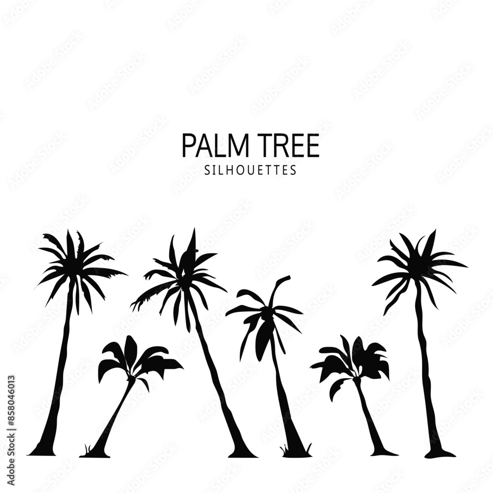 Black palm trees set isolated on white background. Palm silhouettes. Design of palm trees for posters, banners and promotional items. Vector illustration
Black palm trees set isolated on white background. Palm silhouettes. Design of palm trees for posters, banners and promotional items. Vector illustration
