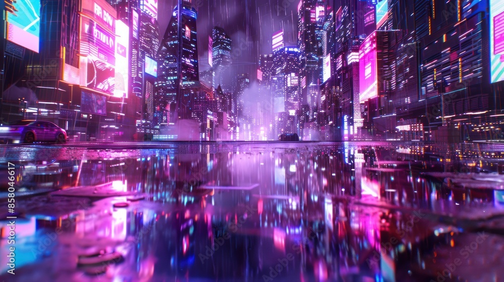 A neon cityscape with a reflection of the city in a puddle. Scene is vibrant and energetic A neon cityscape with a reflection of the city in a puddle. Scene is vibrant and energetic