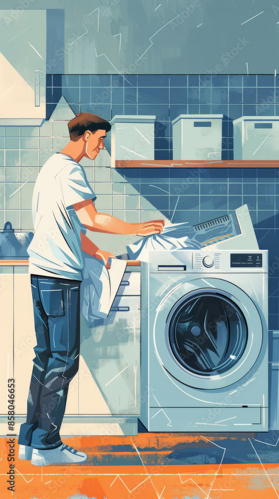Obraz premium A man is seen filling a washing machine with laundry, carefully placing clothes inside, the scene captures a routine household chore, emphasizing responsibility and everyday life, cartoon illustration