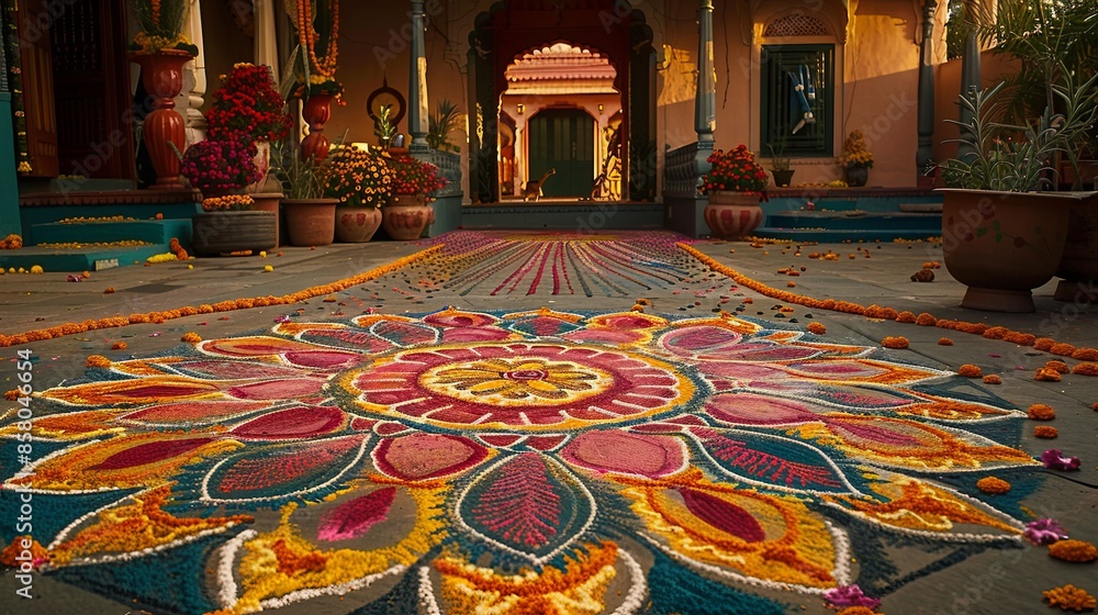 Fototapeta premium Welcoming spirit and cultural significance illustrated through vibrant Rangoli at a traditional Indian home entrance