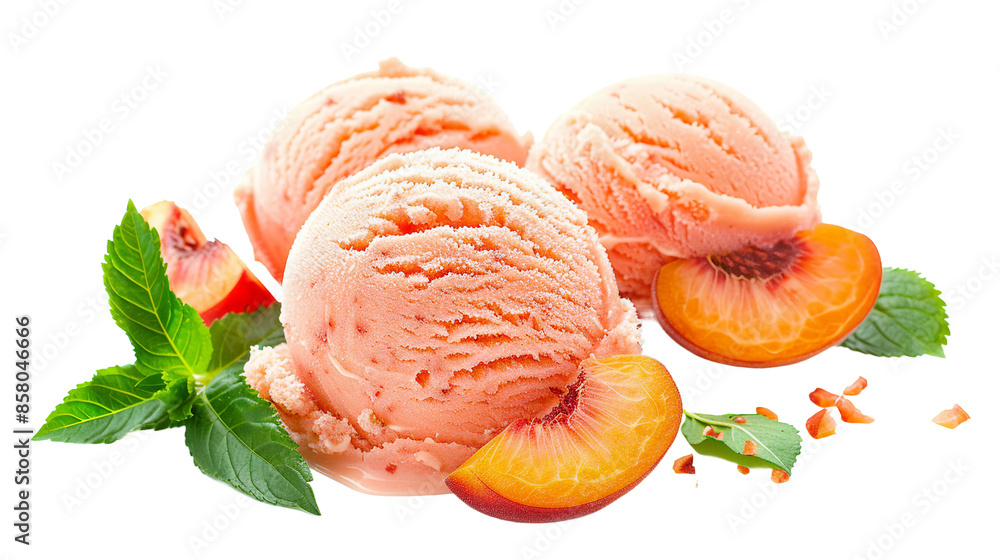 Peach Ice Cream Sherbet Isolated on Transparent Background - Refreshing Summer Dessert with Juicy Fruit Flavor Peach Ice Cream Sherbet Isolated on Transparent Background - Refreshing Summer Dessert with Juicy Fruit Flavor