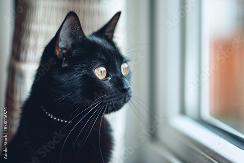 Domestic black cat with a white chest lies on the windowsill