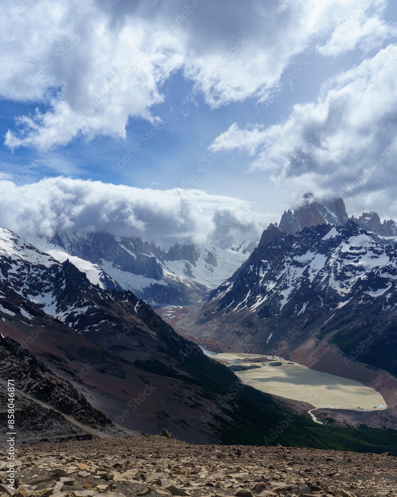 Obraz premium View of the Torre Mountains, Fitz Roy, Cerro Solo, Lake Viedma and the South Icefield from the Loma del pliegue Tumbado in El Chalten - Argentina.