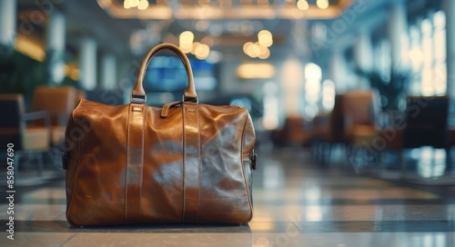 Brown Leather Travel Bag In Airport Lobby