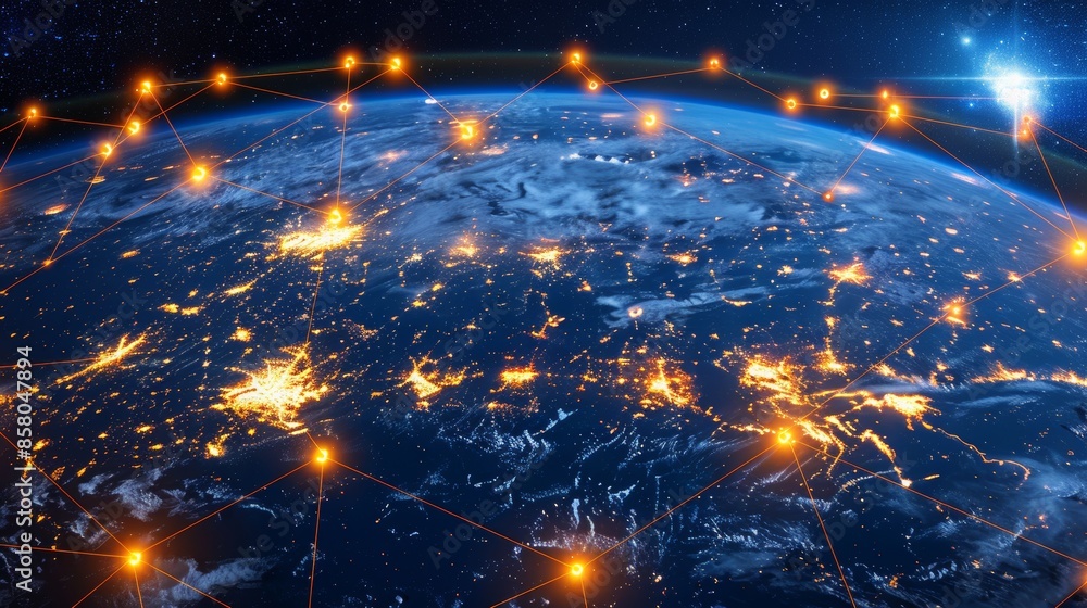 Obraz premium Nighttime satellite view earth globe with illuminated north american cities and abstract usa map