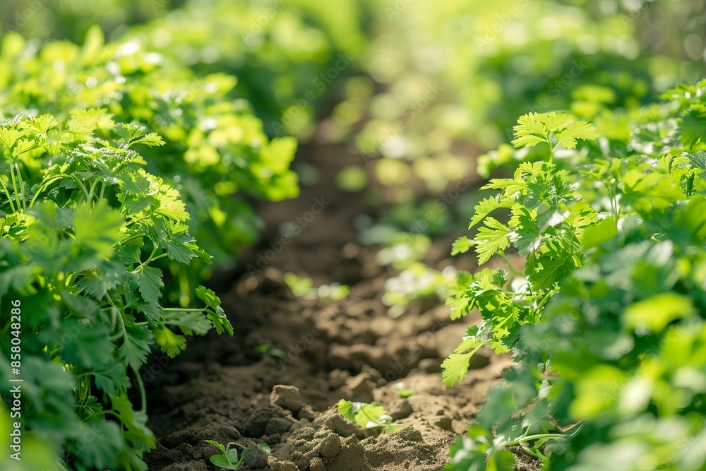 On the plantation, parsley grows abundantly, its aromatic leaves flourishing in thick, verdant rows under the nurturing sun, ready for harvest On the plantation, parsley grows abundantly, its aromatic leaves flourishing in thick, verdant rows under the nurturing sun, ready for harvest