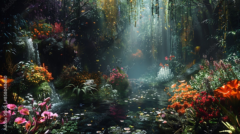 Adam and Eve in the lush Garden of Eden, surrounded by vibrant flora ...
