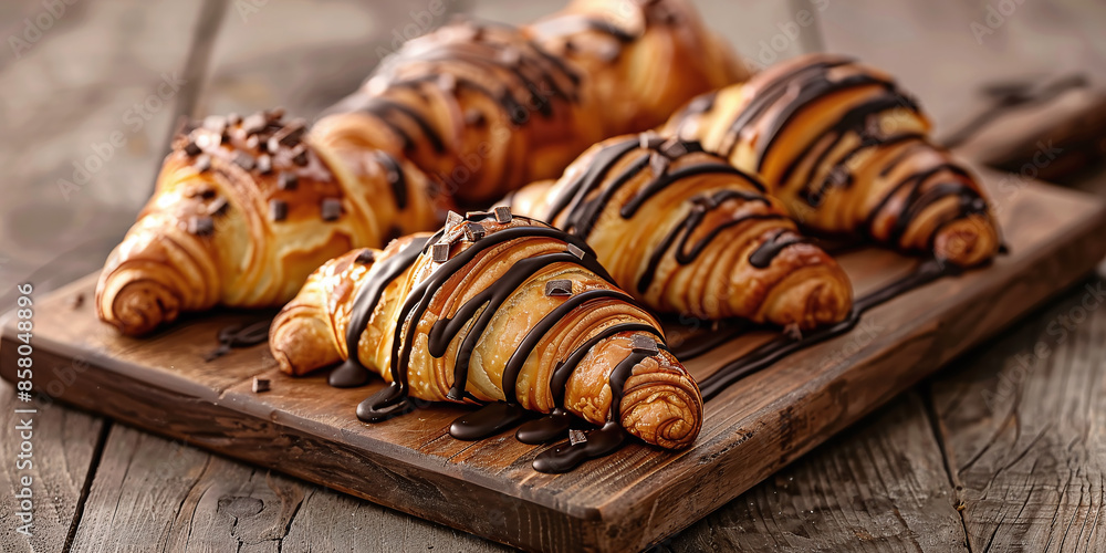 Freshly baked croissants with chocolate icing on a wooden board Freshly baked croissants with chocolate icing on a wooden board