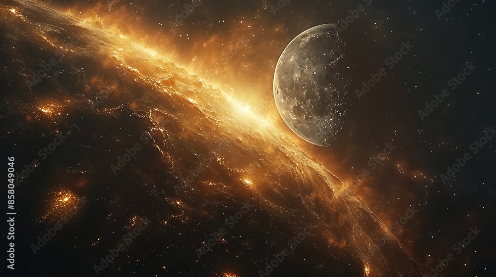 Obraz premium Creation of celestial bodies, the sun, moon, and stars being placed in the sky, with the sun's rays illuminating the earth and the moon casting a serene glow.