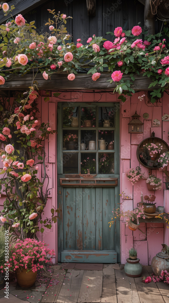Fototapeta premium A rustic cottage door adorned with blooming pink roses and potted plants, creating a picturesque and inviting entrance