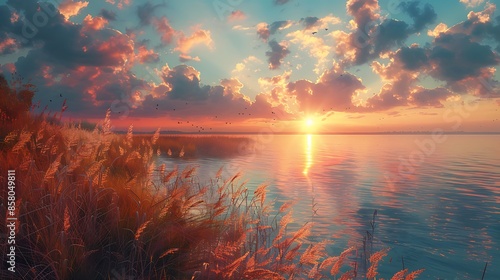 God resting on the seventh day, a serene landscape with a divine presence overlooking the completed creation, exuding peace and tranquility.