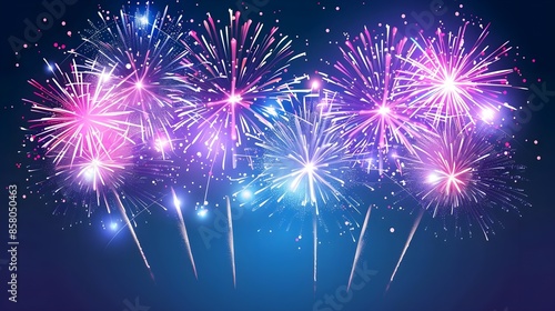 Fireworks festive banner with space for text. Realistic fireworks explosions and brightly shining sparks. Pyrotechnics show vector illustration. Colorful light performance at deep blue background