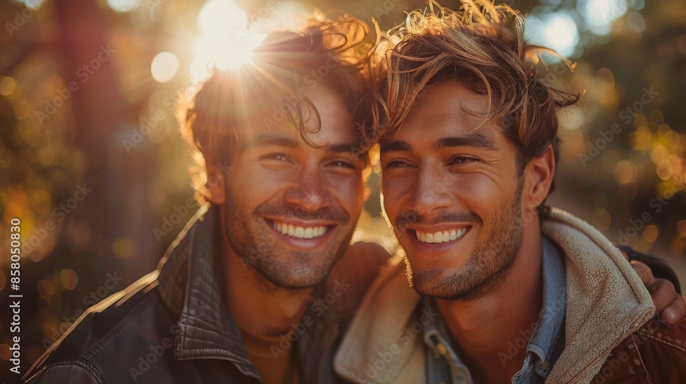 Two men enjoy the sunlight, smiling radiantly. Their joyful expressions and the warmth of the setting create a vibrant, heartwarming depiction of positivity and friendship. Two men enjoy the sunlight, smiling radiantly. Their joyful expressions and the warmth of the setting create a vibrant, heartwarming depiction of positivity and friendship.