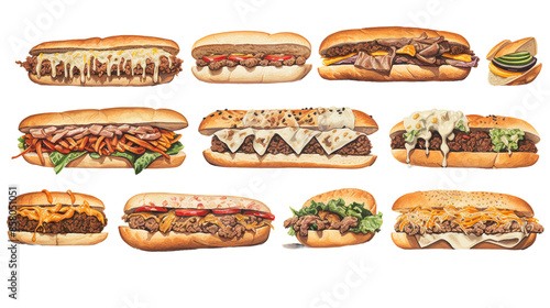 Authentic Philly Cheesesteak Sandwich on Transparent Background - Savory American Fast Food with Grilled Steak, Melted Cheese, Onions, and Peppers Perfect for Restaurant Menus and Food Blogs