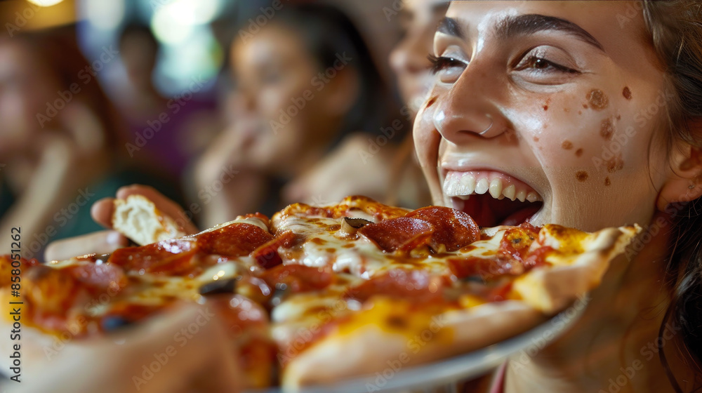 A young woman is enjoying a delicious pizza, taking big bites and savoring the cheesy goodness. Her friends watch as she digs into the savory slices, indulging in the ultimate junk food craving. A young woman is enjoying a delicious pizza, taking big bites and savoring the cheesy goodness. Her friends watch as she digs into the savory slices, indulging in the ultimate junk food craving.