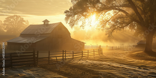 Beautiful rustic barnyard at sunrise: A brilliant golden sunrise illuminates the rustic wooden barns and casts long shadows into the mist. photo