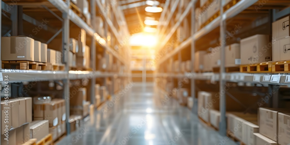 Warehouse shelves filled with inventory during golden hour with bokeh background. Concept Golden Hour Photography, Warehouse Inventory, Bokeh Background Warehouse shelves filled with inventory during golden hour with bokeh background. Concept Golden Hour Photography, Warehouse Inventory, Bokeh Background