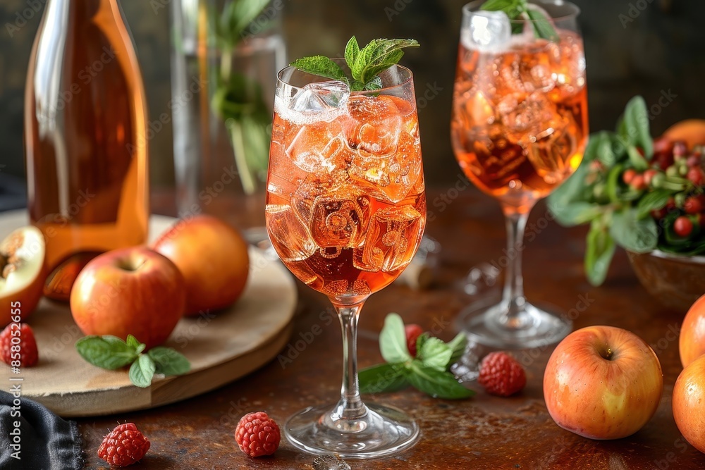A refreshing Aperol spritz cocktail in a wine glass, with Aperol, prosecco, and a splash of soda water. A refreshing Aperol spritz cocktail in a wine glass, with Aperol, prosecco, and a splash of soda water.