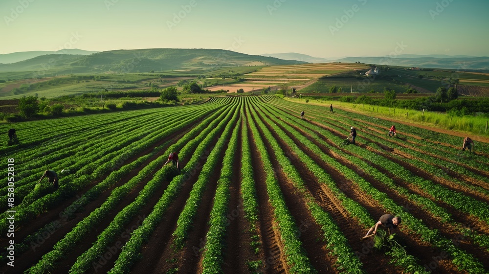 Fototapeta premium Workers tend the vast green fields under the soft glow of the morning sun, with distant hills framing the tranquil scene