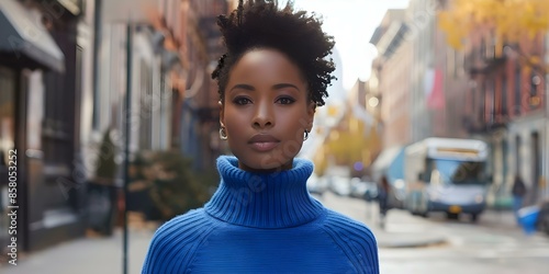 Stylish African American Woman with Pixie Haircut in Blue Sweater on Urban Street. Concept Fashion Photography, Urban Lifestyle, African American Model, Pixie Haircut, Street Style