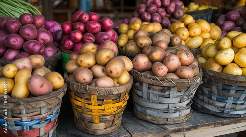 Baskets filled with a colorful assortment of potatoes displayed at a rustic outdoor market.