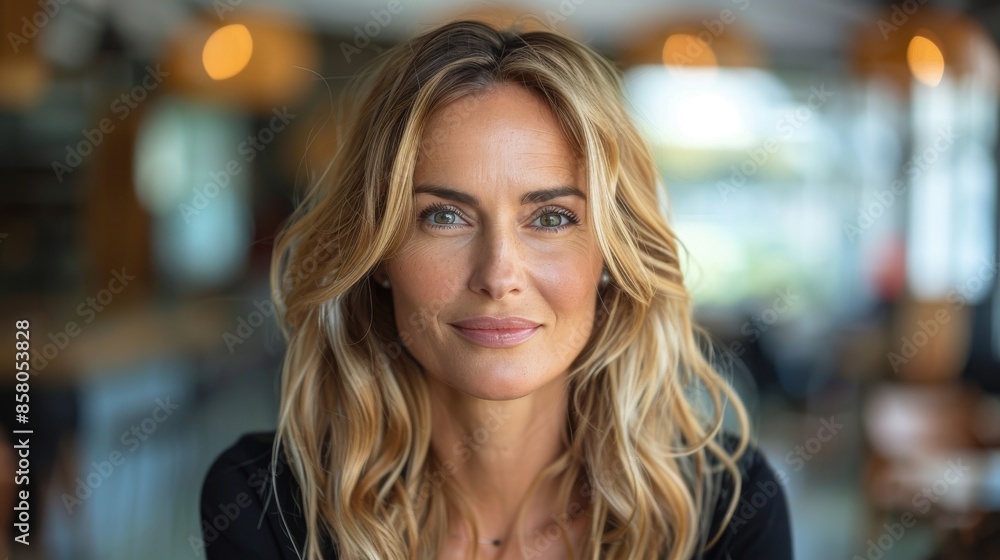 Obraz premium A cheerful woman with blonde hair is smiling in a modern cafe setting, projecting confidence, joy, and the vibrant energy of a contemporary urban lifestyle.