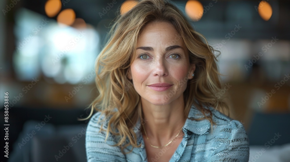 An elegant woman smiling in a modern cafe with soft lighting, capturing sophistication, warmth, and a relaxed vibe, reflecting contemporary urban leisure. An elegant woman smiling in a modern cafe with soft lighting, capturing sophistication, warmth, and a relaxed vibe, reflecting contemporary urban leisure.