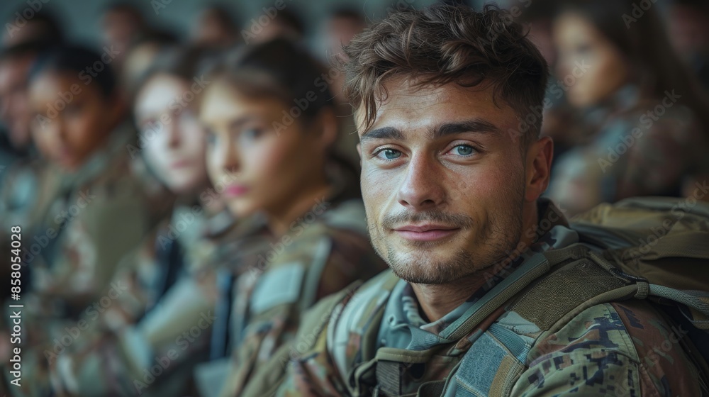 A military trainee with short hair and a determined expression sits amongst peers in a classroom, embodying the spirit of discipline, focus, and camaraderie. A military trainee with short hair and a determined expression sits amongst peers in a classroom, embodying the spirit of discipline, focus, and camaraderie.