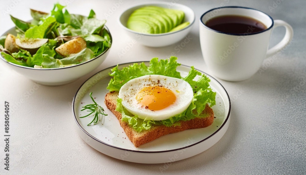 Healthy breakfast bread with avocado, grilled egg and salad, plus coffee. Healthy breakfast bread with avocado, grilled egg and salad, plus coffee.