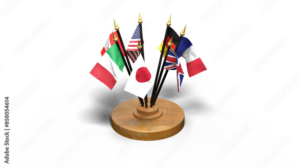drapeaux du G7 en cercle sur un petit socle en bois - isolé sur fond transparent drapeaux du G7 en cercle sur un petit socle en bois - isolé sur fond transparent