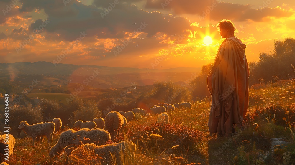 Fototapeta premium Young David as a shepherd, tending to his flock with a serene landscape of rolling hills and a setting sun, capturing his humble beginnings.