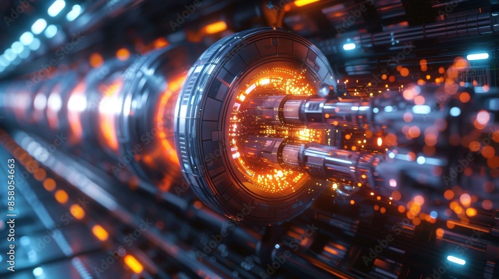 A detailed view of a futuristic mechanical component with glowing lights, representing advanced technology and innovation, captured with dramatic lighting and depth. A detailed view of a futuristic mechanical component with glowing lights, representing advanced technology and innovation, captured with dramatic lighting and depth.