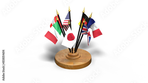 Valokuva drapeaux du G7 en cercle sur un petit socle en bois - isolé sur fond transparent