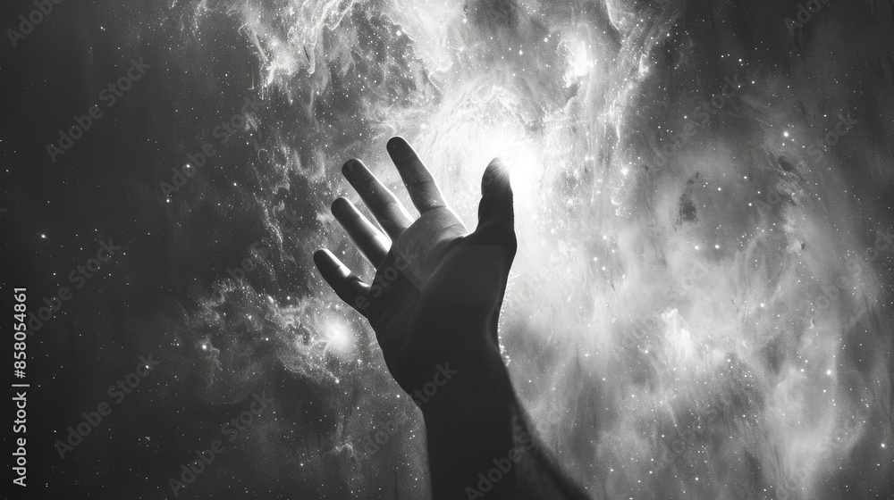 Celestial hand silhouette reaching towards light Celestial hand silhouette reaching towards light