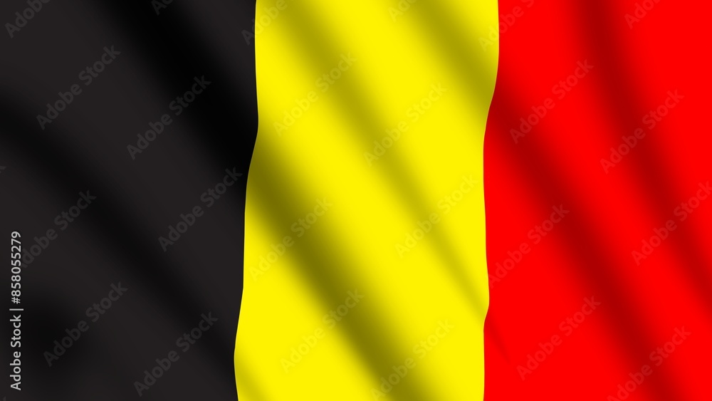 Wavy and flown national flag of the Kingdom of Belgium. Tricolor black, yellow, red vertical stripes flag. Wavy and flown national flag of the Kingdom of Belgium. Tricolor black, yellow, red vertical stripes flag.