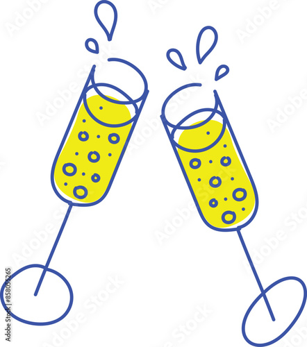 Creative minimal design. Cheers. Two champagne flutes with champagne clinking isolated on white background. Concept of drink, party, celebration, alcohol. Line art. Vector illustration.